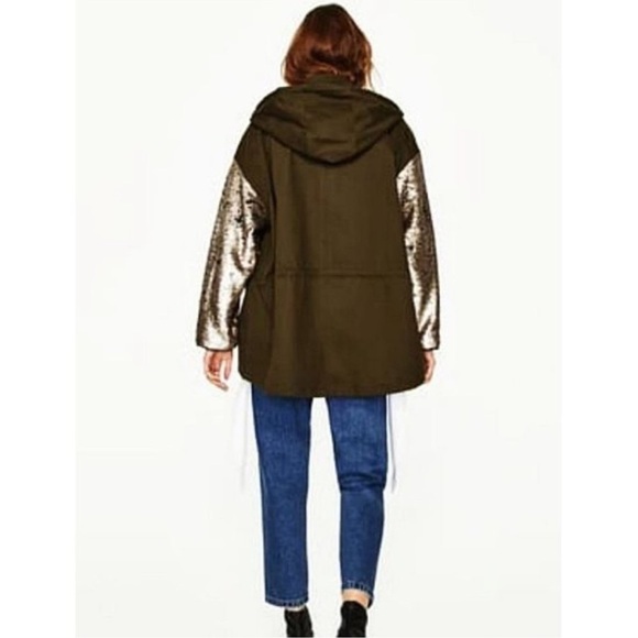 Zara Color-Changing Sequin Sleeve Parka Olive Green Utility Jacket Shiny Size S - Picture 4 of 15